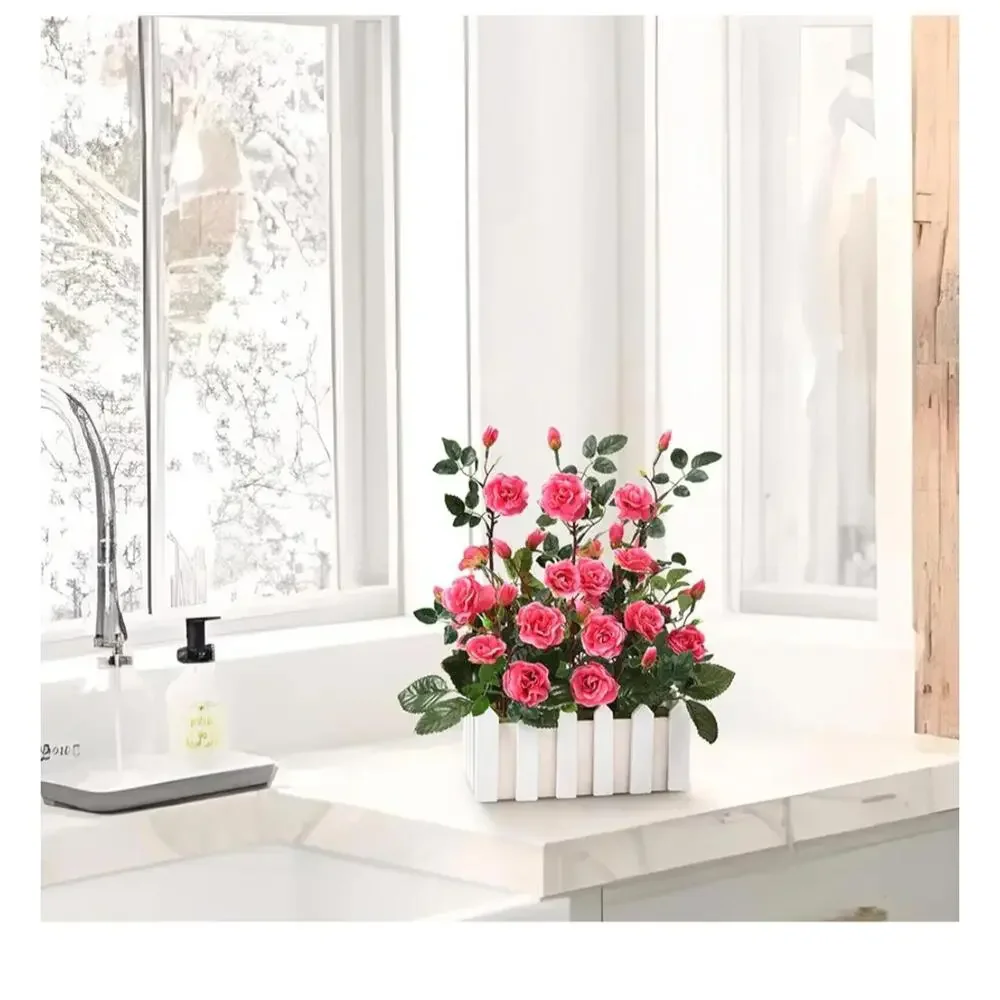 New Artificial Pink Rose Flower Arrangement in White Wooden Planter